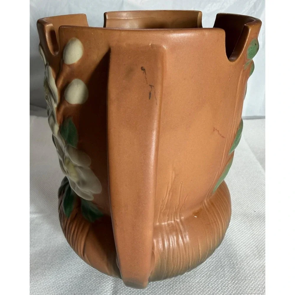 Roseville Pottery Clematis Brown Floral Double Handled Vase 985-8 VTG Art‎ Deco
